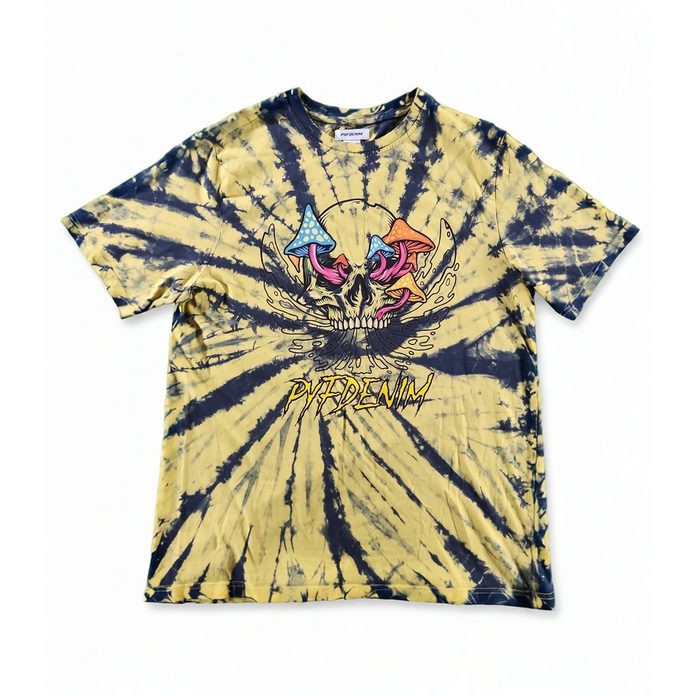 Pyfdenim Mens Large Grunge Streetwear Skull Mushroom Graphic Tie Dye Cotton Tee